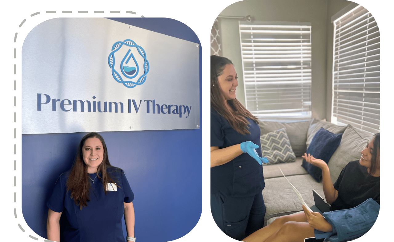 Nurse Nicole taking care of a patient and in front of the premium iv therapy sign