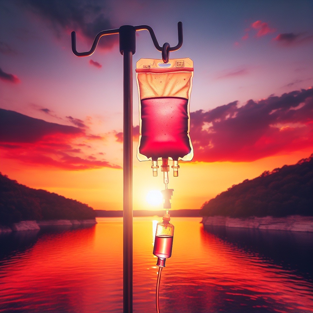 photo of an plastic iv infusion bag with myer's cocktail inside of the iv bag; hanging on an iv pole; table rock lake in the background. sunset colors. realistic.